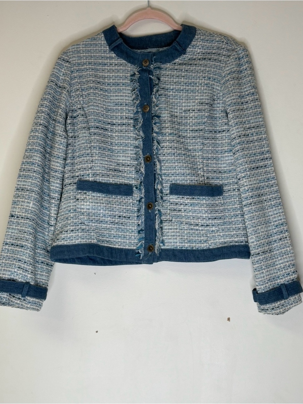 OuterEdge Blue Bouclé Tweed Denim Trim Cropped Jacket Women’s Small